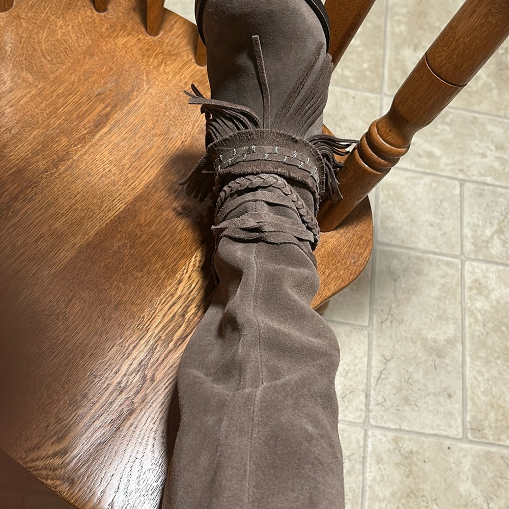 Naughty Monkey Beige suede fringe boots by very stylish boot!